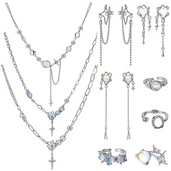 Platine Kits de bijoux, y compris les bagues de manchette en alliage et en résine, Colliers et boucles d'oreilles en alliage, platine, diamètre intérieur: 17.9 mm