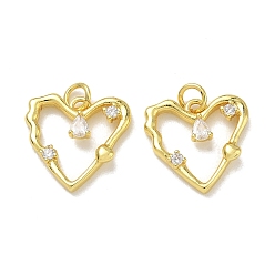 Oro Latón micro pavimenta claro colgantes de circonio cúbico, encantos del corazón, chapado en rack, larga duración plateado, sin plomo y cadmio, dorado, 16.5x17x3.5 mm, agujero: 3 mm