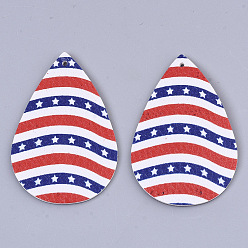 Red Independence Day Theme, PU Leather Big Pendants, Double Sided, teardrop, with Star Stripe Pattern, Red, 56x37x1.5mm, Hole: 1.8mm