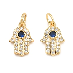 Marine Blue Brass Micro Pave Cubic Zirconia Charms, Hamsa Hand Charms, Rack Plating, Long-Lasting Plated, Cadmium Free & Lead Free, Real 18K Gold Plated, Marine Blue, 13x9x2mm, Hole: 3.5mm