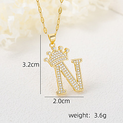 Letter N Хип-хоп латунные микропаве кубические цирконии корона инициал подвеска ожерелья, 304 ожерелья из нержавеющей стали с цепочкой для женщин, золотые, Письмо N, 15.75 дюйм (40 см)
