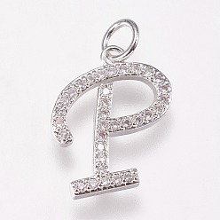 Letter P Brass Micro Pave Cubic Zirconia Letter Pendants, Letter.P, 13x16x2mm, Hole: 3mm