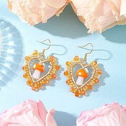 Оранжевый Серьги-подвески в форме сердца с грибом ручной работы в технике лэмпворк, с круглыми стеклянными бусинами класса А и подвесками из сплава с открытым оправой, гальванизированными стеклянными бусинами и 304 крючками для сережек из нержавеющей стали, золотые, оранжевые, 45x31.5 мм