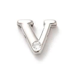 Letter V Стойки обшивки латунь кубического циркония бусы, для изготовления именных ожерелий, долговечный, без свинца и без кадмия, алфавит, Буква V, 12.5x14x5 мм, отверстие : 2.7 мм