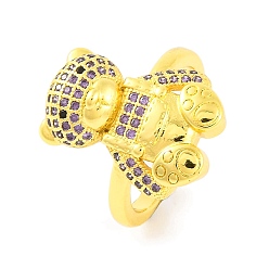 Лиловый Открытое кольцо-манжета из латуни Bear с микропаве и кубическим цирконием для женщин, реальный 18 k позолоченный, сирень, Медведь: 20x15 мм, регулируемый