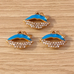 Verdeck blau Emaille Anhänger Legierung, mit Strass, golden, Lippe mit Schleifenanhänger, Verdeck blau, 13x17 mm, 10 Stück / Set