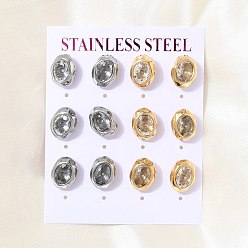 Clear 6 Pairs 304 Stainless Steel Pave Cubic Zirconia Stud Earrings, Oval, PVD Vacuum Plating, Golden & Stainless Steel Color, Clear, 12.5x10mm