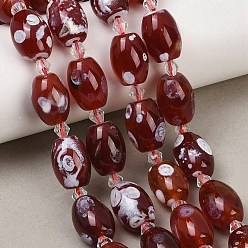 Темно-Красный Природные пожары треск агат бисер нитей, окрашенная и подогревом, баррель, с бисером, темно-красный, 15.5~16x11.5~12 мм, отверстие : 1.2~1.4 мм, около 19 шт / нитка, 15.55''~15.75'' (39.5~40 см)