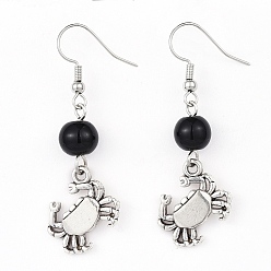 Black Alloy Dangle Earrings, with Glass Beads and Brass Earring Hooks, Crab, Black, 48~49mm, Pin: 0.6mm