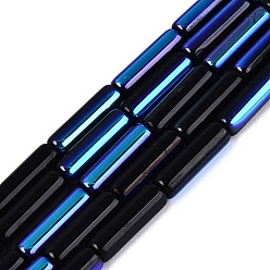 Black Electroplate Opaque Glass Beads Strands, Tube, Rainbow Plated, Half Plated, Black, 13~13.5x4~4.5mm, Hole: 0.5~0.8mm, about 27~30pcs/strand, 13.98~15.75 inch(35.5~40cm)