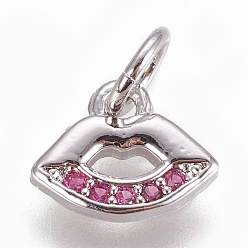 Platinum Brass Charms, with Cubic Zirconia, Lip, Deep Pink, Platinum, 7.5x9x1.5mm, Hole: 3mm