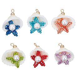 (52) Непрозрачная лаванда 12 шт. 6 цвета цилиндрические бисерные подвески в виде морских звезд и ракушек, подвески в форме ракушки с круглой ракушечной жемчужиной, золотые, разноцветные, 27.5~28x26~27x8.5~11 мм, отверстие : 2 мм, 2 шт / цвет