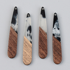 Black Resin & Walnut Wood Pendants, Teardrop, Black, 44x7.5x3mm, Hole: 1.5mm