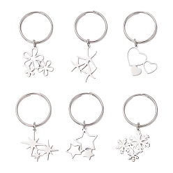 Stainless Steel Color 6Pcs 201 Stainless Steel Keychain, Mixed Shapes, with Ring, Stainless Steel Color, 49.5~55mm