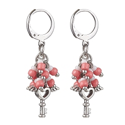 Cœur Boucles d'oreilles dormeuses en alliage de style tibétain, boucles d’oreilles en grappe de graines de verre, cœur, 39mm