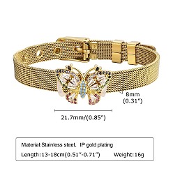 Butterfly Glass Link Bracelet, with Golden Stainless Steel Mesh Chains, Butterfly, 5-1/8~7-1/8 inch(13~18cm)