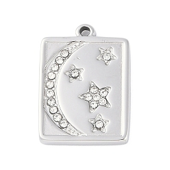 Нержавеющая Сталь Цвет 304 подвески из нержавеющей стали, со стразами, прямоугольник с подвеской в виде луны и звезды, цвет нержавеющей стали, 21.5x15.5x2 мм, отверстие : 1.6 мм