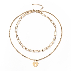 Golden PVD Vacuum Plating 304 Stainless Steel Double Chains Multi Layered Necklace with Heart Padlock Charms for Women, Golden, 16.34 inch(41.5cm)
