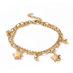 Golden Ion Plating(IP) 304 Stainless Steel Double Layered Chains Multi-strand Bracelet with Star Charms for Women, Golden, 6-3/4 inch(17cm)