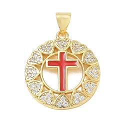 Red Religion Cross Brass Micro Pave Clear Cubic Zirconia Pendants, Flat Round Charms with Enamel, Lead Free & Cadmium Free, Long-Lasting Plated, Rack Plating, Real 18K Gold Plated, Red, 22x20x2.5mm, Hole: 5x3.5mm