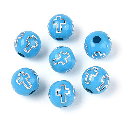 Темно-Голубой Покрытие акриловыми шариками, серебристого металла, обвитыми, круглые с крестом, глубокое синее небо, 8 мм, отверстие : 2 мм, Около 1800 шт / 500 г