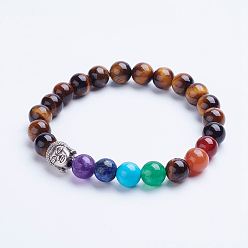 Tiger Eye Chakra Jewelry, Natural Tiger Eye Beaded Stretch Bracelets, with Alloy Spacer Beads, Antique Silver, 1-3/4 inch(45mm)