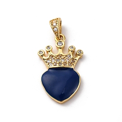 Medium Blue Brass Cubic Zirconia Pendants, with Enamel & Snap on Bail, Real 18K Gold Plated, Long-Lasting Plated, Lead Free & Cadmium Free, Heart & Crown, Medium Blue, 25x14.5x4mm, Snap on Bail: 3.5x7mm, Inner Diameter: 2.5x4mm