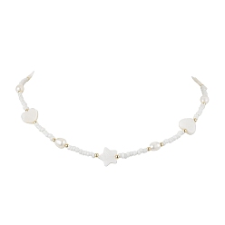 Белый Ожерелья из стеклянных бусин в форме сердца и звезды, а также натурального культивированного пресноводного жемчуга и ракушек, с 304 цепями из нержавеющей стали, белые, 16.14 дюйм (41 см)