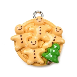 Gingerbread Man Рождественские подвески из непрозрачной смолы, с железной платиной петлей, желтые, Колобок, 20x19x8.5 мм, отверстие : 2 мм