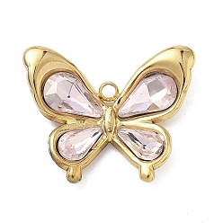 Розовый 304 подвески из нержавеющей стали и стекла, очарование бабочки, вакуумное покрытие pvd, реальный 18 k позолоченный, граненые, туманная роза, 17x21x3.5 мм, отверстие : 1.5 мм
