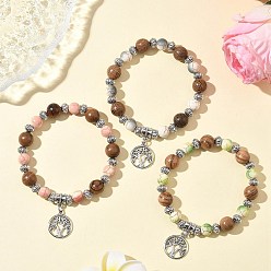 (52) Непрозрачная лаванда 3 шт. 3 цвета плоские круглые с подвесками из сплава в виде дерева жизни, Браслеты из синтетических бирюзовых бусин и крашеных в масляной краске деревянных бусин для мужчин и женщин, разноцветные, внутренний диаметр: 2-1/4 дюйм (5.55 см), 1 шт / цвет