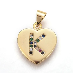 Letter K Латунные микро проложить кубического циркония подвески, сердце с письмом, красочный, letter.k, 17x15x1.5 мм, отверстие : 3.5x4.5 мм
