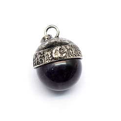 Аметист Подвески из натурального аметиста , круглые подвески с металлической фурнитурой, античное серебро, 27x20 мм