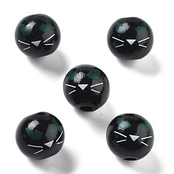 Черный Печатные деревянные европейские бусины схима, круглый с рисунком в виде кошачьей мордочки, чёрные, 16x14.5 мм, отверстие : 4.5 мм