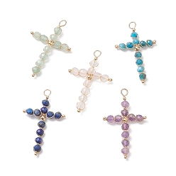 Смешанные камни Круглые подвески из медной проволоки с огранкой из натуральных смешанных камней, крест прелести, золотые, 43x25x4.5 мм, отверстие : 3 мм