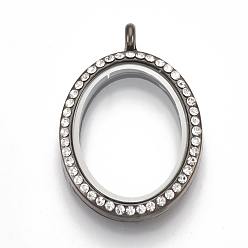 Gunmetal Alloy Magnetic Locket Pendants, with Rhinestone and Glass, Oval, Crystal, Gunmetal, 38.5x26.5x8mm, Hole: 3.5mm, Inner Measure: 23x18mm