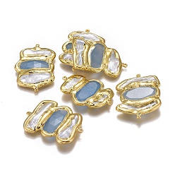 Аквамарин Соединители звеньев натурального жемчуга, с крашенным натуральным аквамарином и фурнитурой из латуни, прямоугольные, граненые, золотые, 39~42.5x28.5~29x5.5~6.5 мм, отверстие : 1.2~1.4 мм