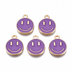 Medium Violet Red Alloy Enamel Charms, Cadmium Free & Lead Free, Smiling Face, Light Gold, Medium Violet Red, 14.5x12x1.5mm, Hole: 1.5mm