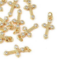 Real 18K Gold Plated SHEGRACE Brass Micro Pave Clear Cubic Zirconia Pendants, Cadmium Free & Nickel Free & Lead Free, Cross Charms, Real 18K Gold Plated, 15x8x2mm, Jump Ring: 4x1mm, Inner Diameter: 2mm