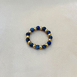 Содалитовое 201 Кольца из нержавеющей стали с круглыми бусинами из натурального содалита для растягивания пальцев, золотые, внутренний диаметр: 17 мм