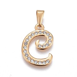 Letter C 304 Stainless Steel Pendants, with Rhinestone, Letter, Letter.C, 23x16x2mm, Hole: 3~3.5x7.5~8mm