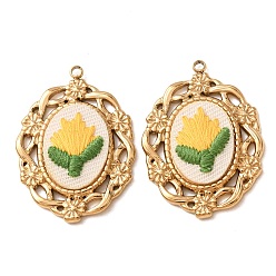 Yellow 304 Stainless Steel & Cloth Embroidered Pendants, Oval with Flower Charms, Ion Plating(IP), Long-Lasting Plated, Real 18K Gold Plated, Yellow, 33.5x25x3.5mm, Hole: 1.9mm