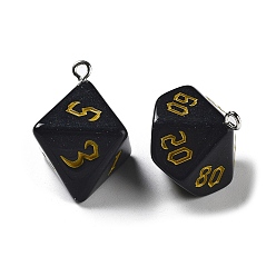 Black 7Pcs 7 Styles Opaque Resin Polyhedral Dice Pendants Set, Multi-Sided Dice Charms with Platinum Plated Iron Loops, Mixed Shapes, Yellow, Black, 20~28x19~24x17~24mm, Hole: 2mm, 1pc/style