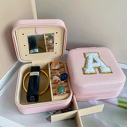 Letter A Letter Imitation Leather Jewelry Organizer Case with Mirror Inside, for Necklaces, Rings, Earrings and Pendants, Square, Pink, Letter A, 10x10x5.5cm