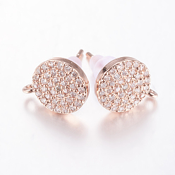 Розовое Золото Латунные серьги-гвоздики из циркония, с петлей, без свинца и без кадмия, плоско-круглые, прозрачные, розовое золото , 11x9x2 мм, отверстия: 1 мм, контактный: 0.8 мм