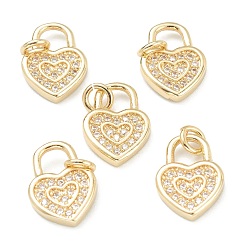 Golden Brass Clear Cubic Zirconia Charms, Long-Lasting Plated, with Jump Ring, Heart, Golden, 12.5x9x2mm, Hole: 4X3.5mm