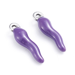 Фиолетовый 304 подвески из нержавеющей стали, эмалированные блестки, рог изобилия / итальянский рог корничелло амулеты, цвет нержавеющей стали, фиолетовые, 17.5x4.5x3.5 мм, отверстие : 1~1.5 мм