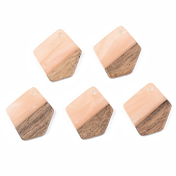Light Salmon Opaque Resin & Walnut Wood Pendants, Polygon, Light Salmon, 21x18.5x3mm, Hole: 2mm