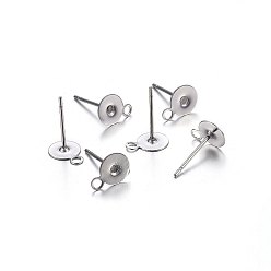 Stainless Steel Color Non-Tarnish 304 Stainless Steel Stud Earring Findings, with Loop, Flat Round, Stainless Steel Color, 12x6x0.4mm, Hole: 1.5mm, Pin: 0.8mm