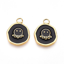 Черный 304 подвески из нержавеющей стали, с эмалью, плоская круглая с подвесками в виде осьминогов, ионное покрытие (ip), реальный 18 k позолоченный, чёрные, 16.5x13x2 мм, отверстие : 2.5 мм